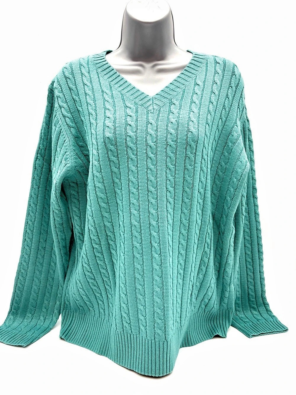 Denim & Co. Cable Knit V-Neck Sweater Green Large